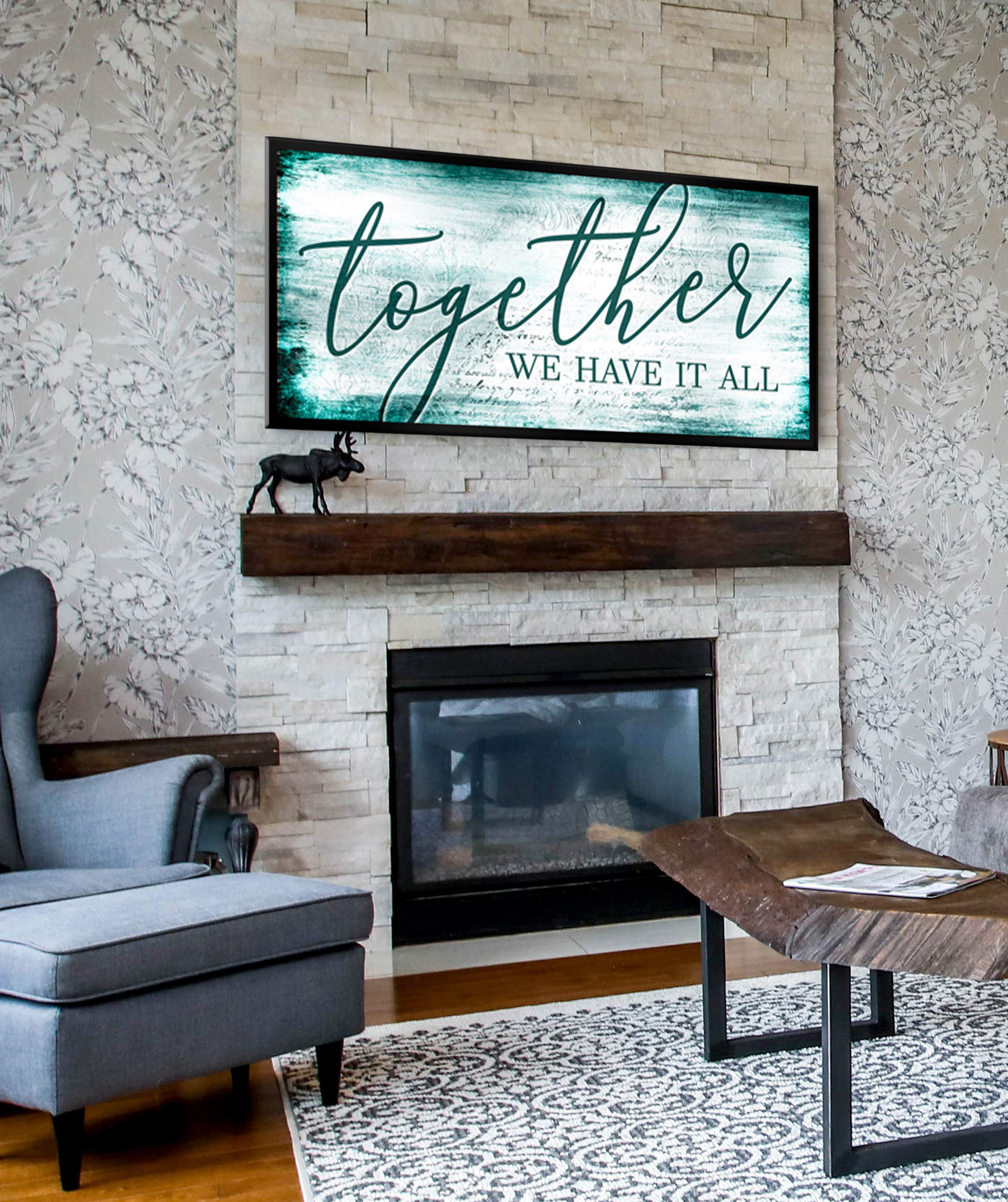 Together We Have It All Sign - Romantic Wedding & Couples Gift, Teal Love Quote Wall Art with 60x27 Black Floating Frame - Perfect for Bedroom Decor, Anniversary & Valentine's Day Gifts