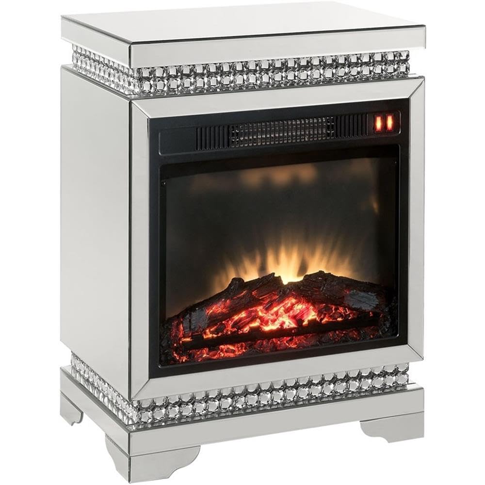 ACME Lotus Electric Fireplace with Mirrored Finish & Faux Ice Crystals - Modern Indoor Heating for Living Room, Bedroom, and Office Decor