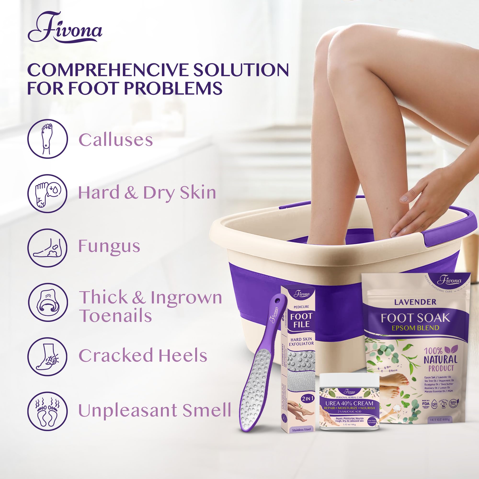 Fivona 4-in-1 Foot Care Kit with Epsom Salt & Essential Oils - Lavender Foot Soak Blend, Collapsible Basin, 40% Urea Cream for Dry Cracked Feet, Dual Action Foot File - Perfect for Pedicure, At-Home Spa & Foot Relaxation Therapy