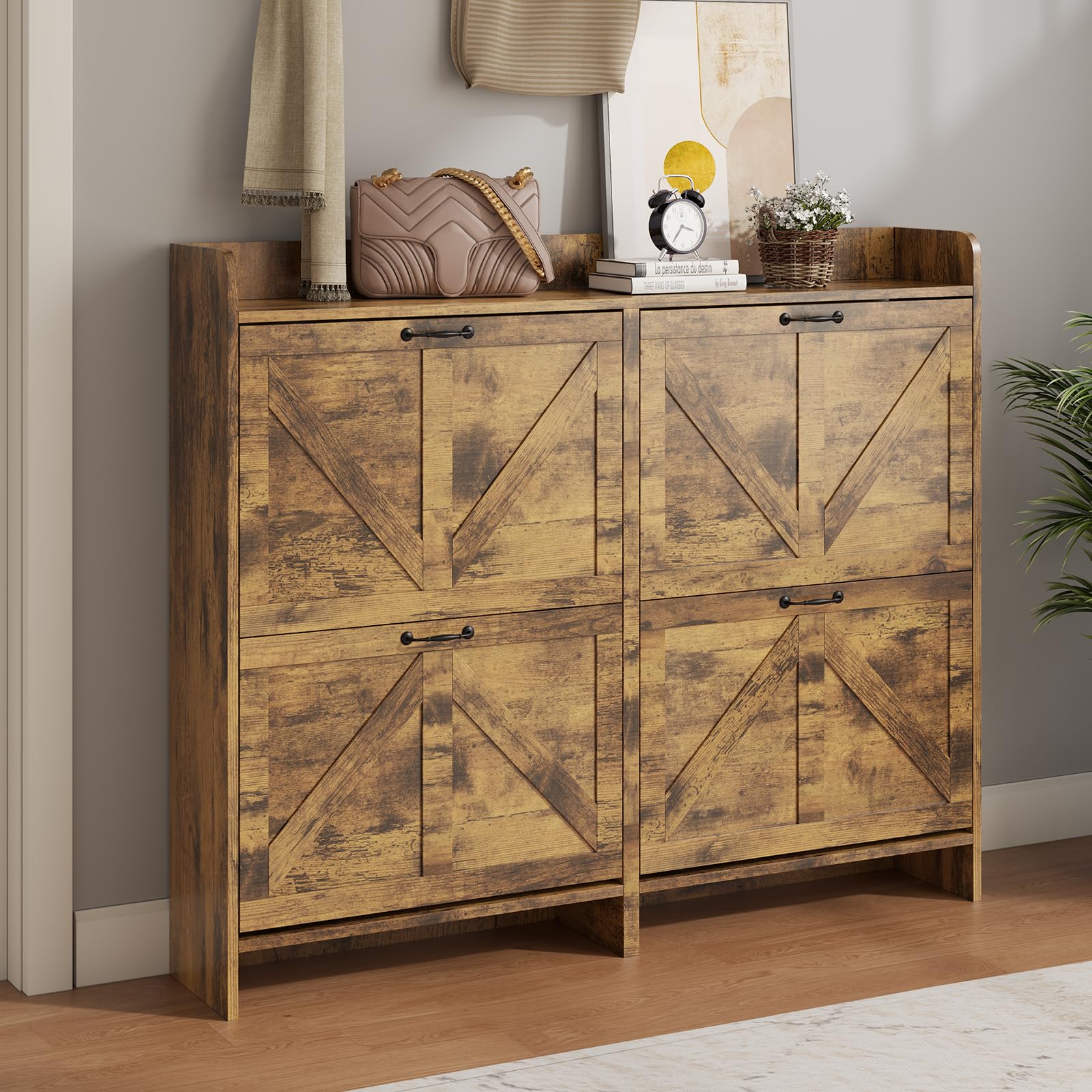 Modern Wood Entryway Shoe Storage Cabinet with 4 Flip Drawers - Freestanding Slim Narrow Hidden Shoe Rack with Door - Rustic Brown Shoe Organizer for Hallway, Bedroom & Closet Organization