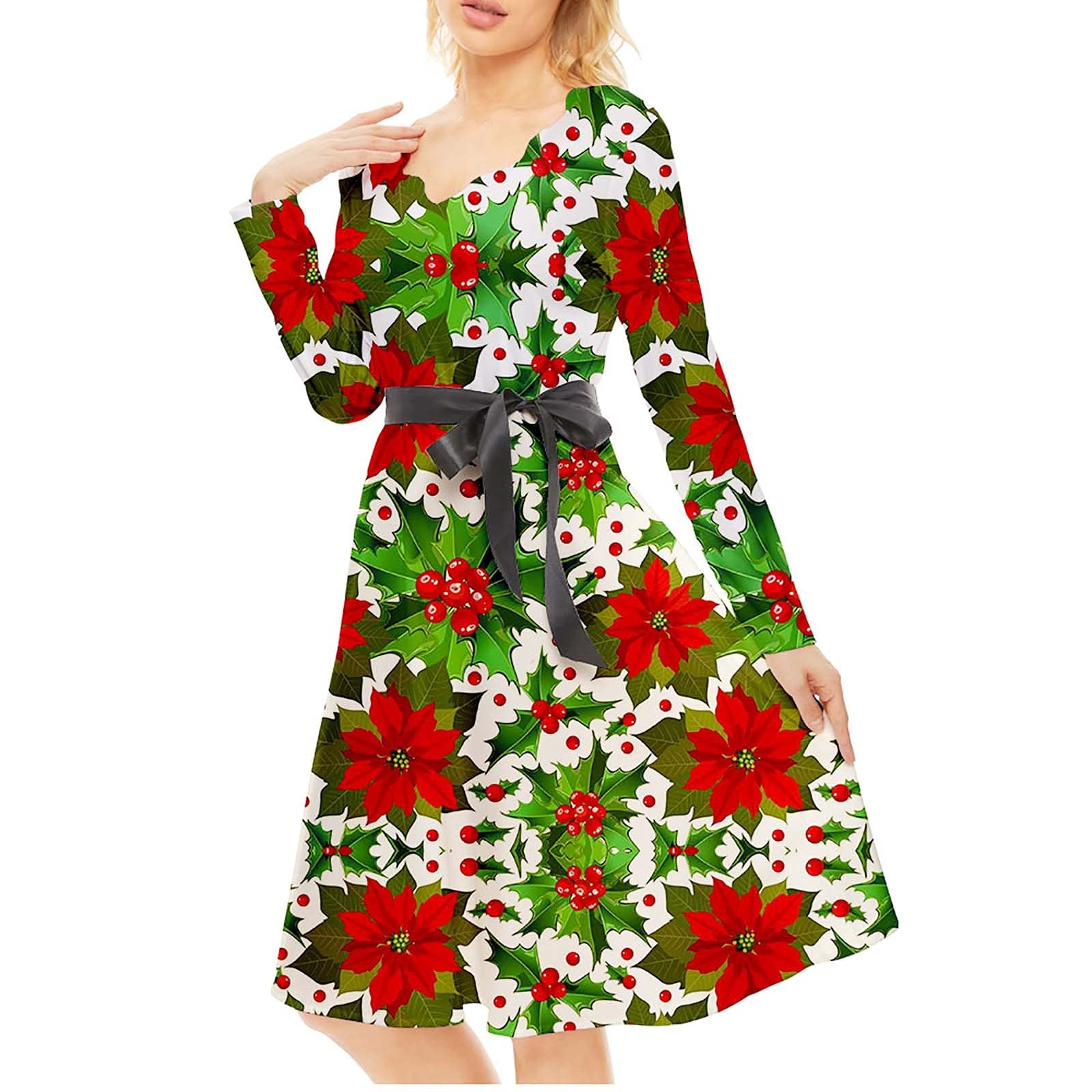 Women's Christmas Santa Snowflake Printed Long Sleeve A-Line Maxi Dress - Casual Holiday Party Petite Dresses for Winter Festive Gatherings & Family Photos