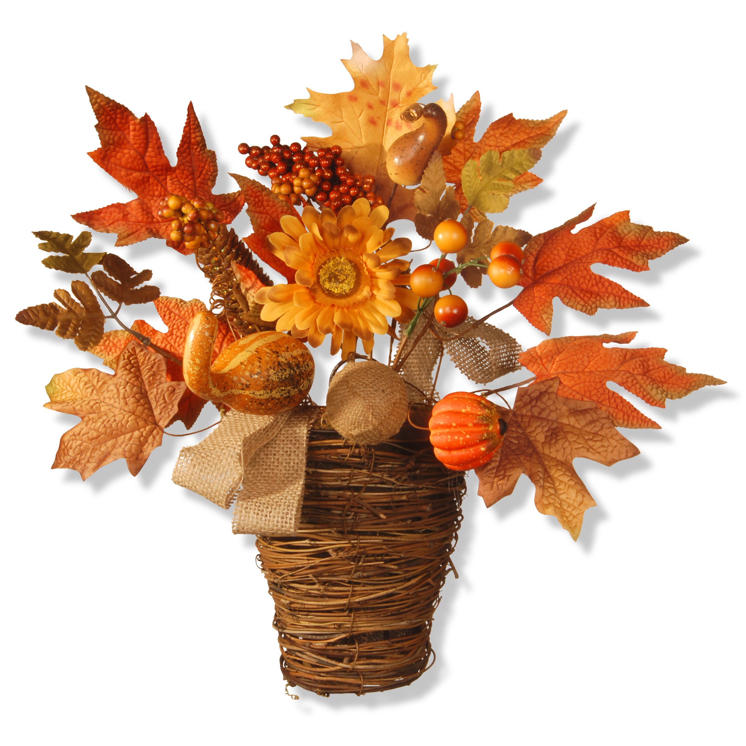 National Tree Company 16-inch Artificial Fall Flowers in Wicker Basket - Autumn Decor with Pumpkins, Gourds, Berries, Burlap & Maple Leaves - Perfect for Thanksgiving Table Centerpiece, Porch Decor, and Seasonal Home Decoration