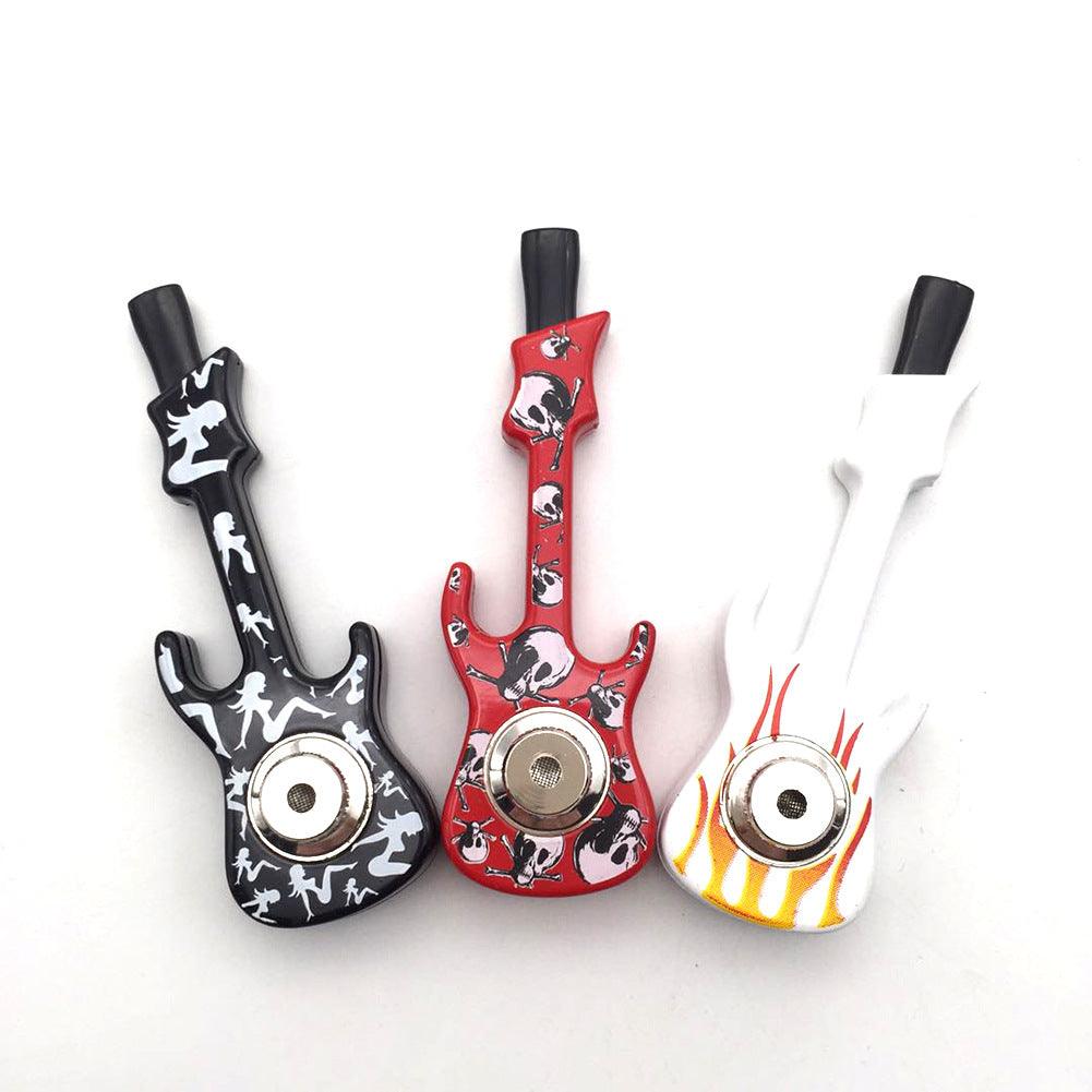 Creative Skull Printed Metal Guitar Pipe - Detachable Portable Smoking Pipe with Cover & Mesh Screen | Perfect for Travel, Camping & Outdoor Use