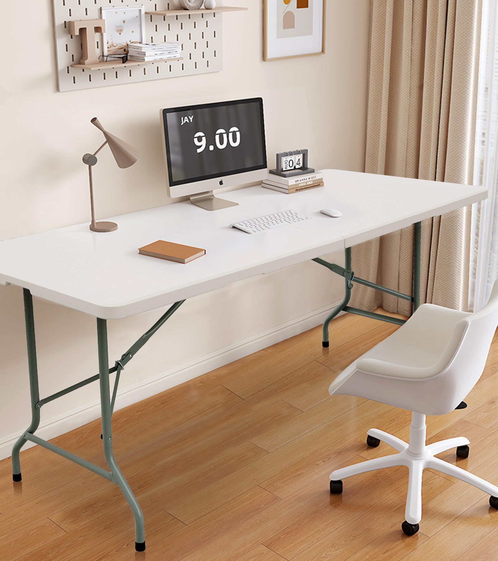 6FT Folding Table with Handle - Portable & Collapsible Picnic Table for Indoor Outdoor Use - Lightweight Plastic Rectangular Table for Camping, Parties, BBQs, Beach & Tailgating - Easy Carry & Storage - White