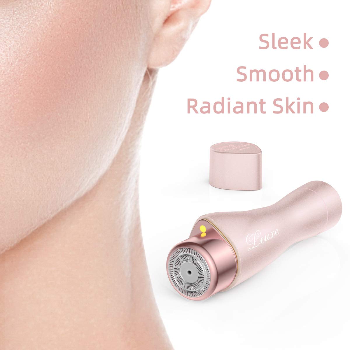 Leuxe Painless Facial Hair Remover for Women - Waterproof Hair Removal Shaver with LED Light for Peach Fuzz, Fine Hair on Chin, Cheek & Upper Lip (Rose) | At-Home Beauty & Travel Essential