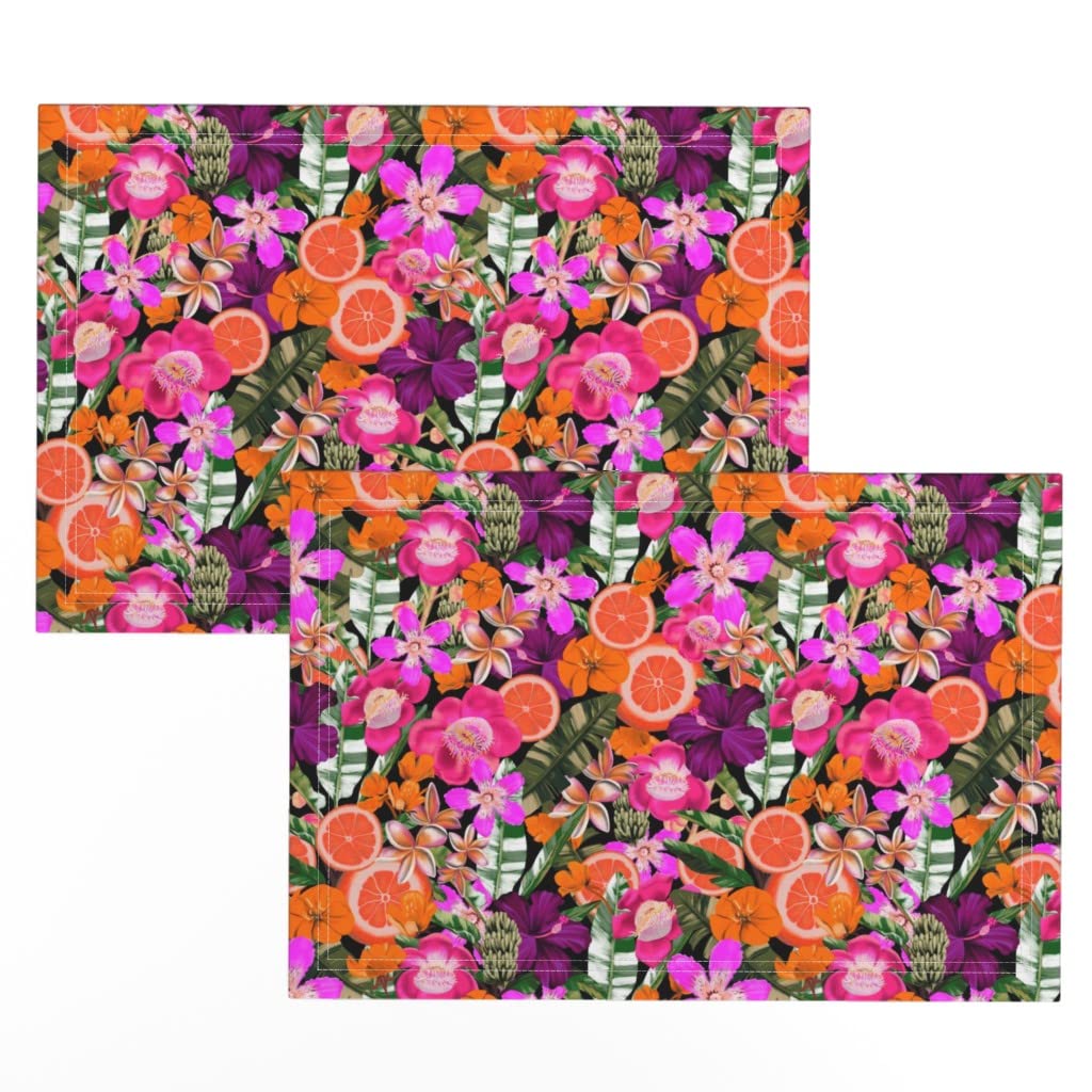 Premium Linen Cotton Canvas Placemats Set of 2 - Floral Fruit Orange Black Modern Table Mats for Dining Room Decor, Kitchen Table Setting & Party Entertaining | Washable & Durable by Spoonflower