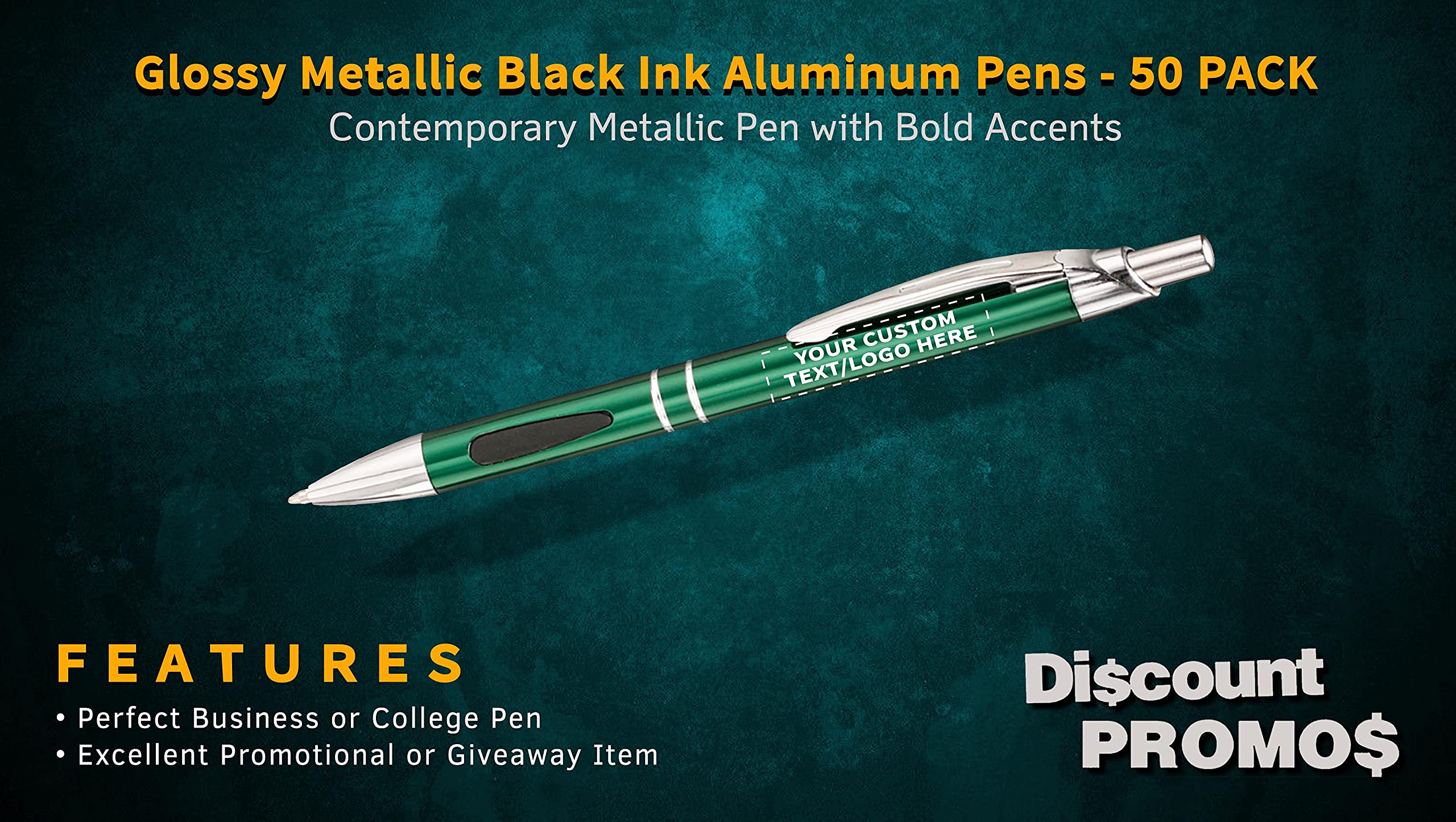 50 Pack Black Ink Metal Pens with Custom Text & Logo - Retractable Ballpoint Pens with Silver Accents - Premium Office & Business Writing Supplies for Gifts, Promotions & Corporate Events