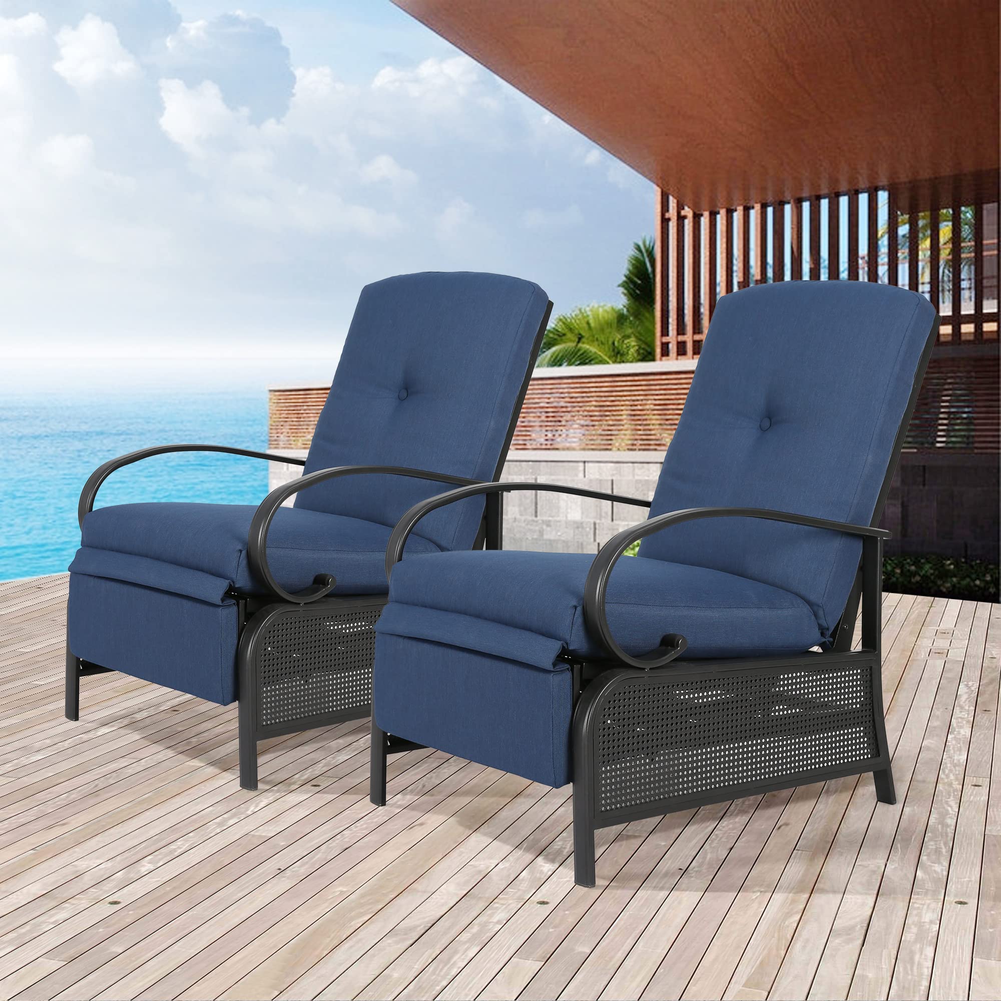 Ulax 2-Piece Adjustable Patio Recliner Chair Set - Outdoor Metal Lounge Reclining Sofa with Thick Cushions (Navy) - Perfect for Poolside, Backyard, Deck & Patio Relaxation
