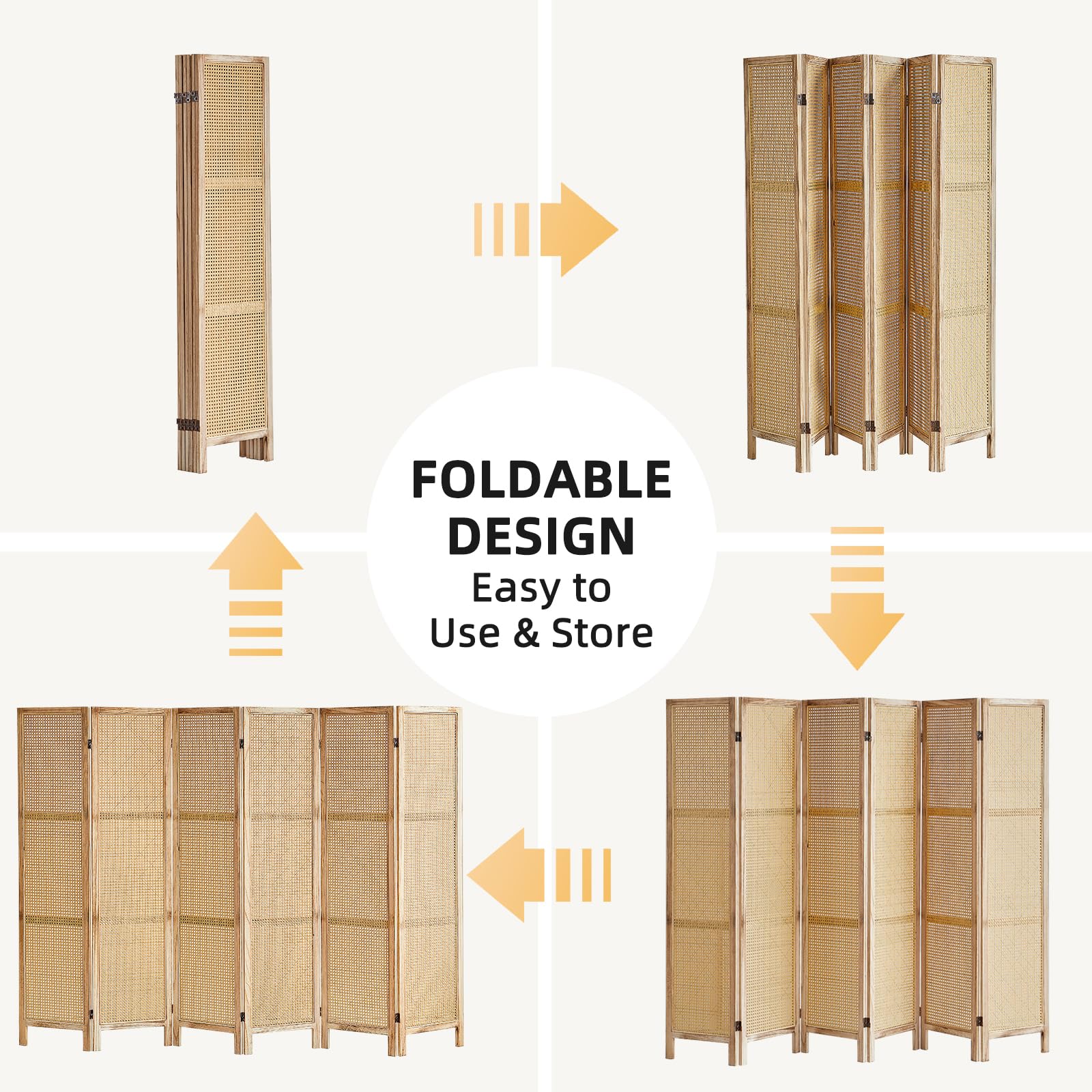 6 Panel Rattan Room Divider Screen - 5.6 Ft Tall Foldable Wooden Partition Wall - Freestanding Privacy Screen for Home, Office & Bedroom - Natural Woven Design - Perfect for Room Separation, Zen Decor & Space Division