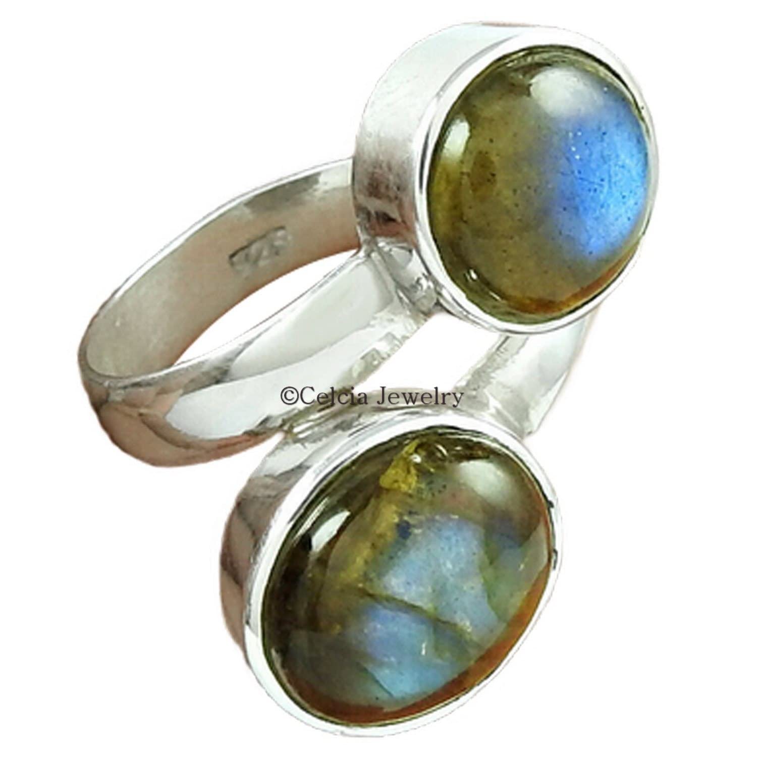 Genuine Labradorite Stackable Round Ring - 2 Stone Blue Fire Ring, Dainty Cocktail Ring, Bohemian Pinky Ring - June Birthstone Jewelry, Good Friday Gift (Size 7) - Perfect for Weddings, Parties & Everyday Boho Style