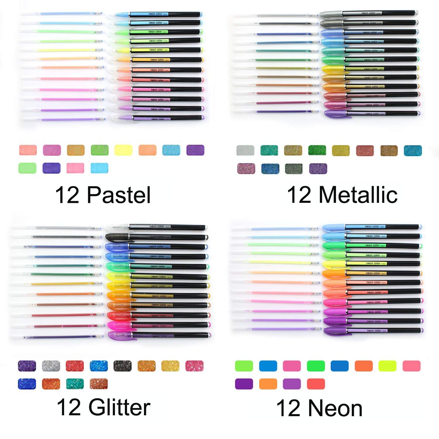 48 Pack Color Gel Ink Pens Set - 1.0mm Fine Tip, Glitter & Neon Gel Pens for Coloring Books, Scrapbooking, Drawing, Doodling, Manga Art - Perfect for Kids & Adults (School, Office, Home, DIY Crafts)