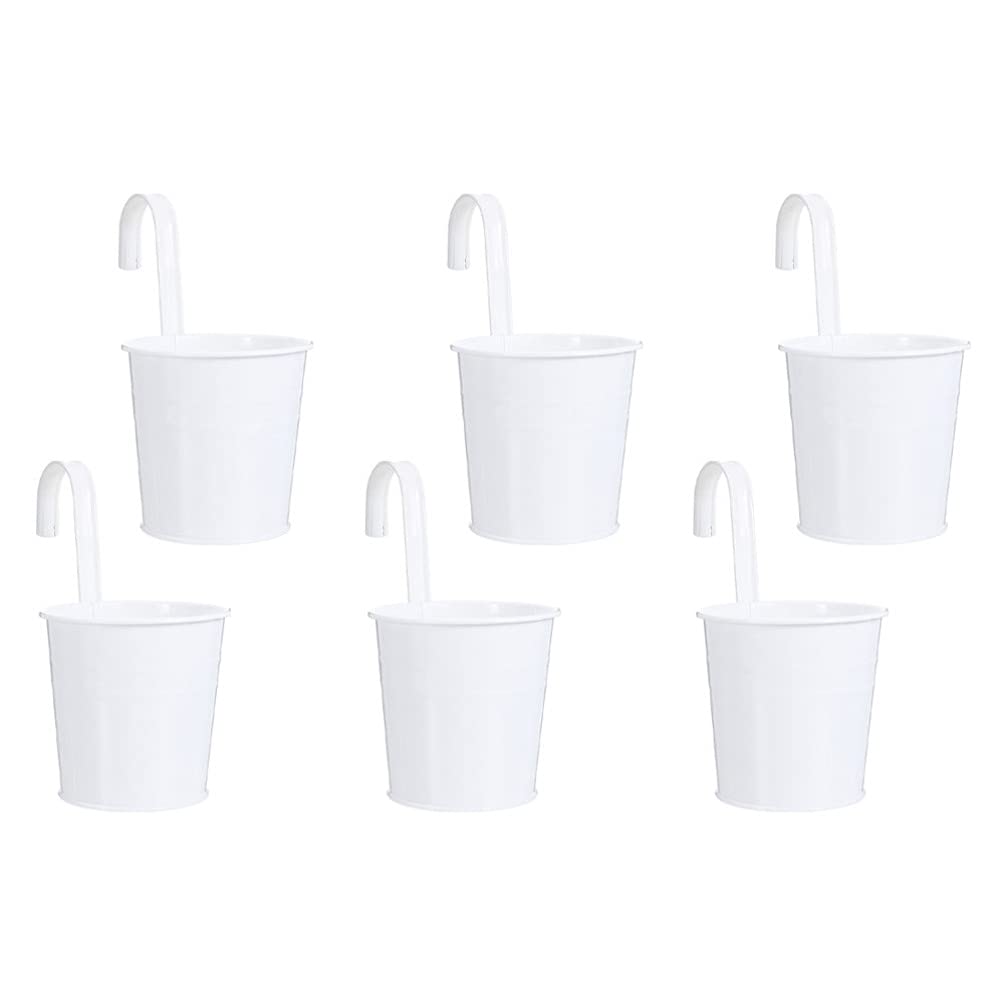 Hemoton 6-Piece Hanging Tin Bucket Planter Set - Wrought Iron Wall & Balcony Planters for Flowers, Herbs & Succulents - Rustic White Metal Hanging Baskets for Indoor/Outdoor Garden Decor