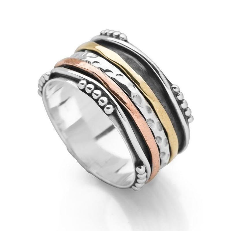 925 Sterling Silver Spinner Ring for Women - Handmade Three-Tone Worry Ring, Fidget Ring & Meditation Jewelry | US Size 9 Yoga Spinner Ring, Thumb Ring & Promise Ring | Perfect Gift for Her, Stress Relief & Anxiety Relief Jewelry
