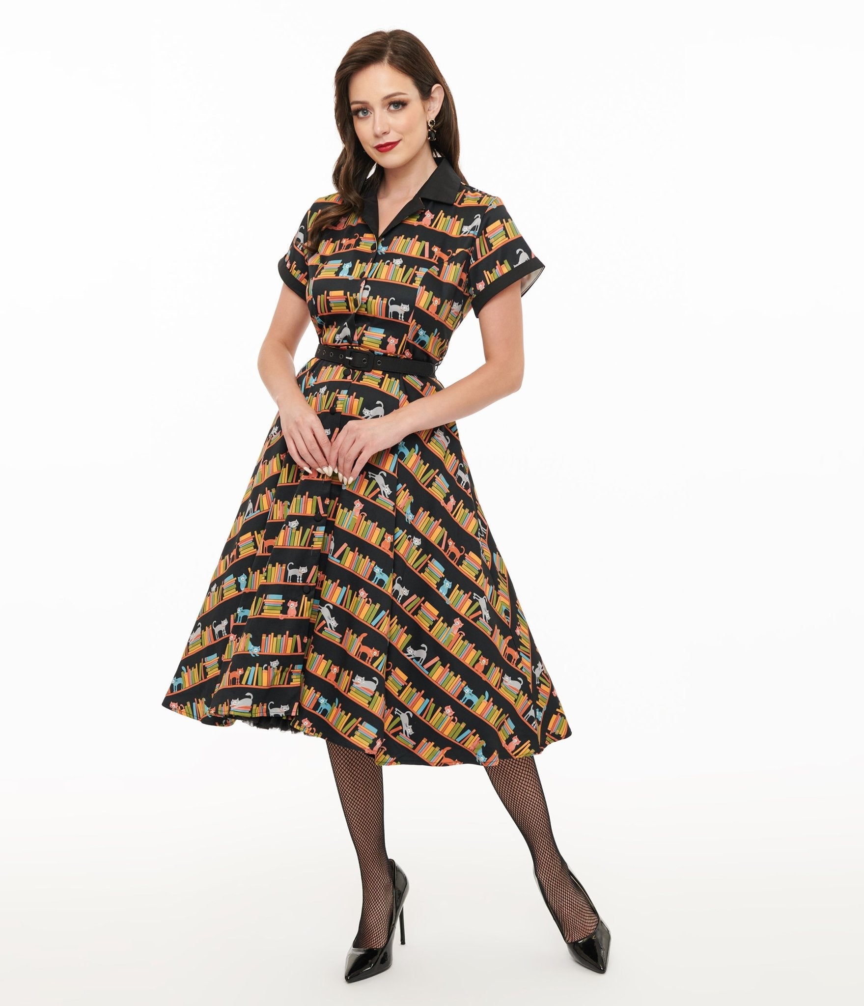 Vintage 1950s Cat & Bookshelf Print Alexis Swing Dress - Retro Tea Length Dress for Women - Perfect for Cocktail Parties, Date Nights & Vintage Theme Events