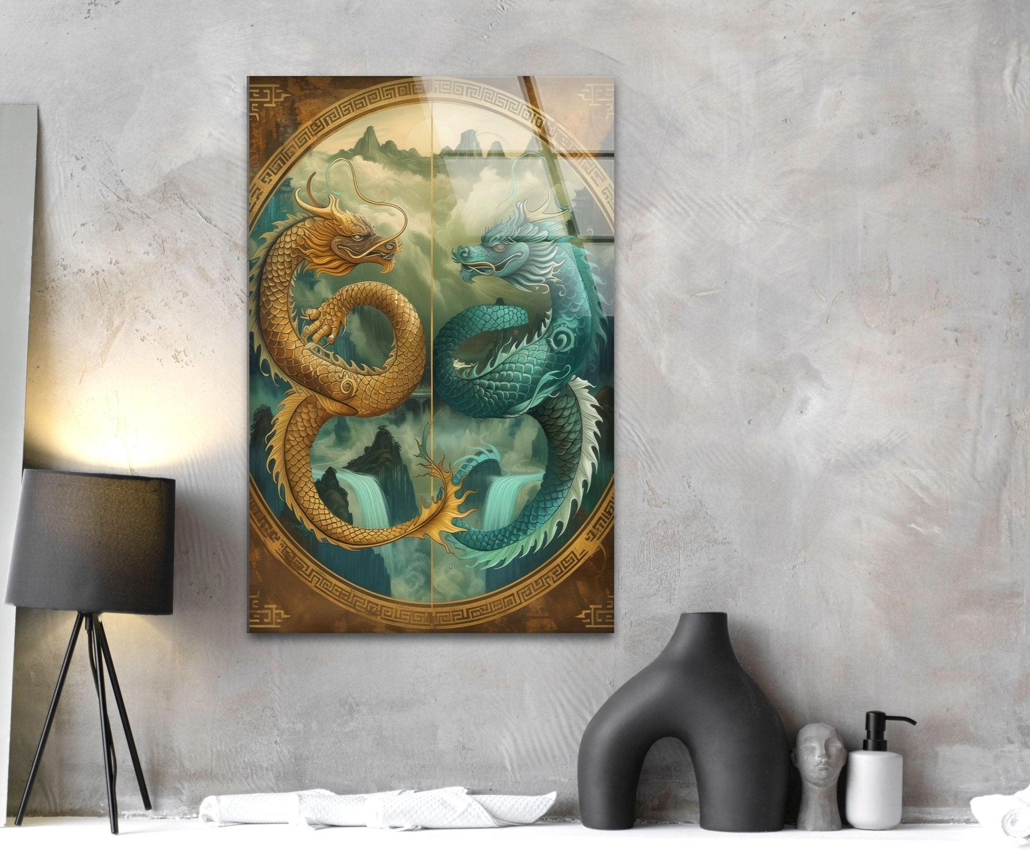 Ao Kuang & Ao Shun Chinese Dragon Glass Wall Art - Elegant Home Decor for Living Room, Bedroom, or Office