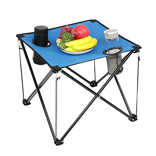 Portable Folding Camping Table with Carrying Bag - Lightweight Oxford Cloth & Steel Frame Picnic Table with 2 Mesh Cup Holders - Compact Outdoor Side Table for Camping, Beach, Fishing, Hiking, Picnics & Backyard BBQs (Blue) - Perfect for Outdoor Adventures & Family Gatherings