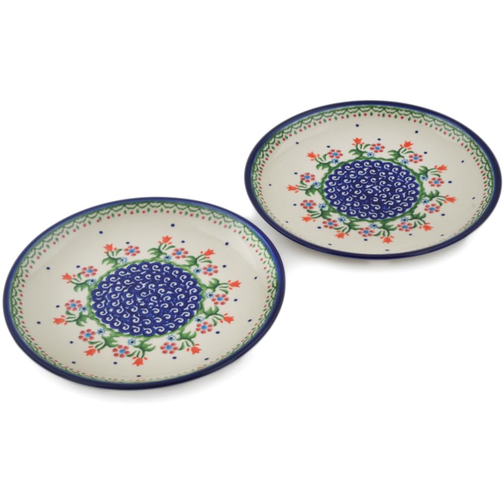 Authentic Handmade Polish Pottery Set of 2 Dessert Plates - Spring Flowers Design, Bolesławiec Ceramic by Ceramika Bona with Certificate of Authenticity | Perfect for Tea Parties, Wedding Gifts & Home Decor