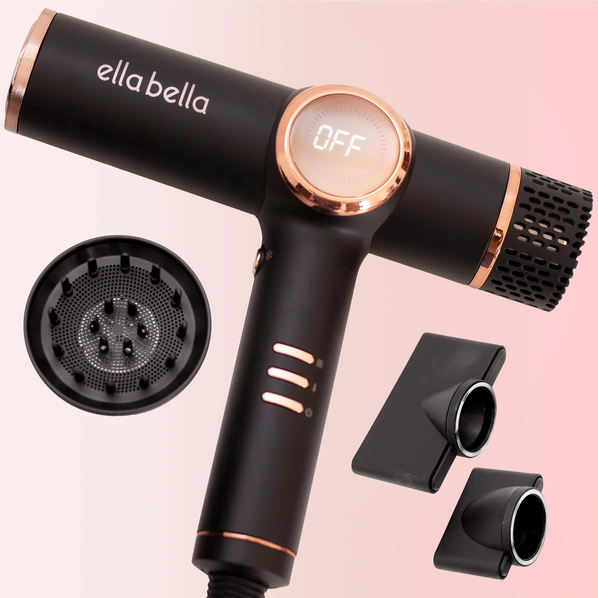 ELLA BELLA® Professional Ionic Hair Dryer with Diffuser - Negative Ion Blow Dryer for All Hair Types | Fast Drying, Intelligent Heat Control, Lightweight & Quiet | Perfect for Home, Salon & Travel Use