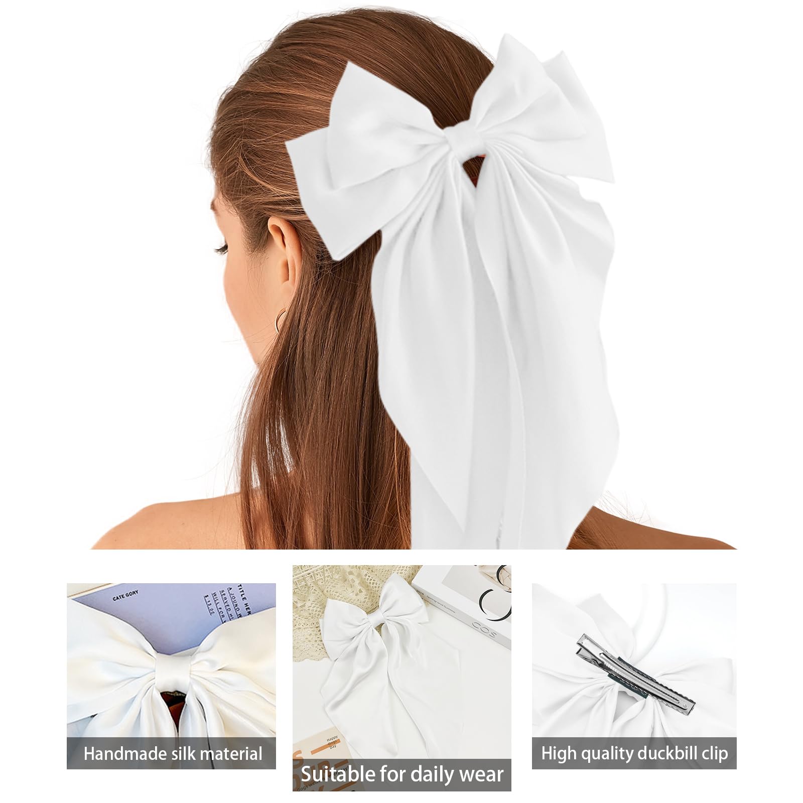 Elegant Oversized Satin Hair Bows for Girls & Women - Cute Long Ribboned Hair Clips Accessories (Pure White) | Perfect for Parties, Weddings & Daily Fashion