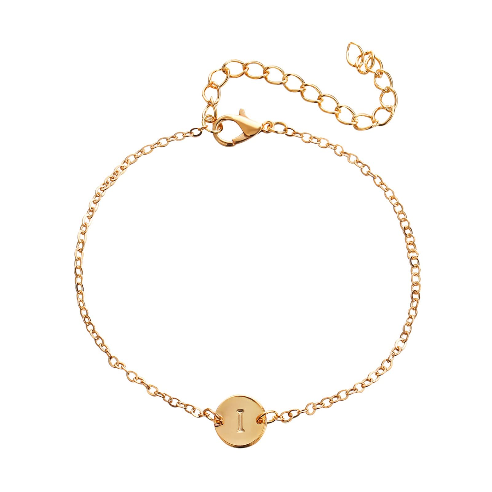 Personalized Initial Bracelet for Women - 18K Gold Plated Stainless Steel Letter Charm Bracelet with Dainty Coin & Disc Nameplate - Delicate Adjustable Collar Bracelet Set (I, One Size) - Perfect Gift for Birthday, Anniversary & Everyday Wear