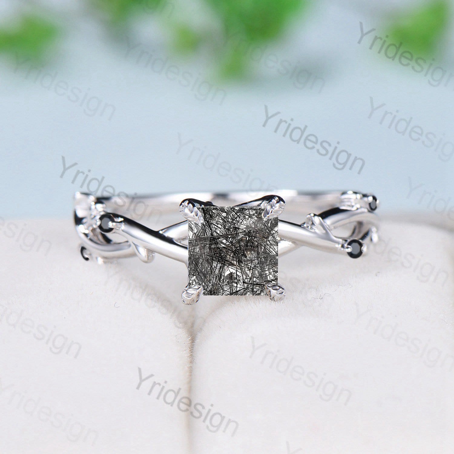 Princess Cut Black Rutilated Quartz Ring with Leaf Branch Design - Black Spinel Engagement Ring, Nature Inspired Wedding Band, Unique Twig Promise Ring Gift for Her - Perfect for Proposals, Anniversaries & Boho Chic Jewelry Collection