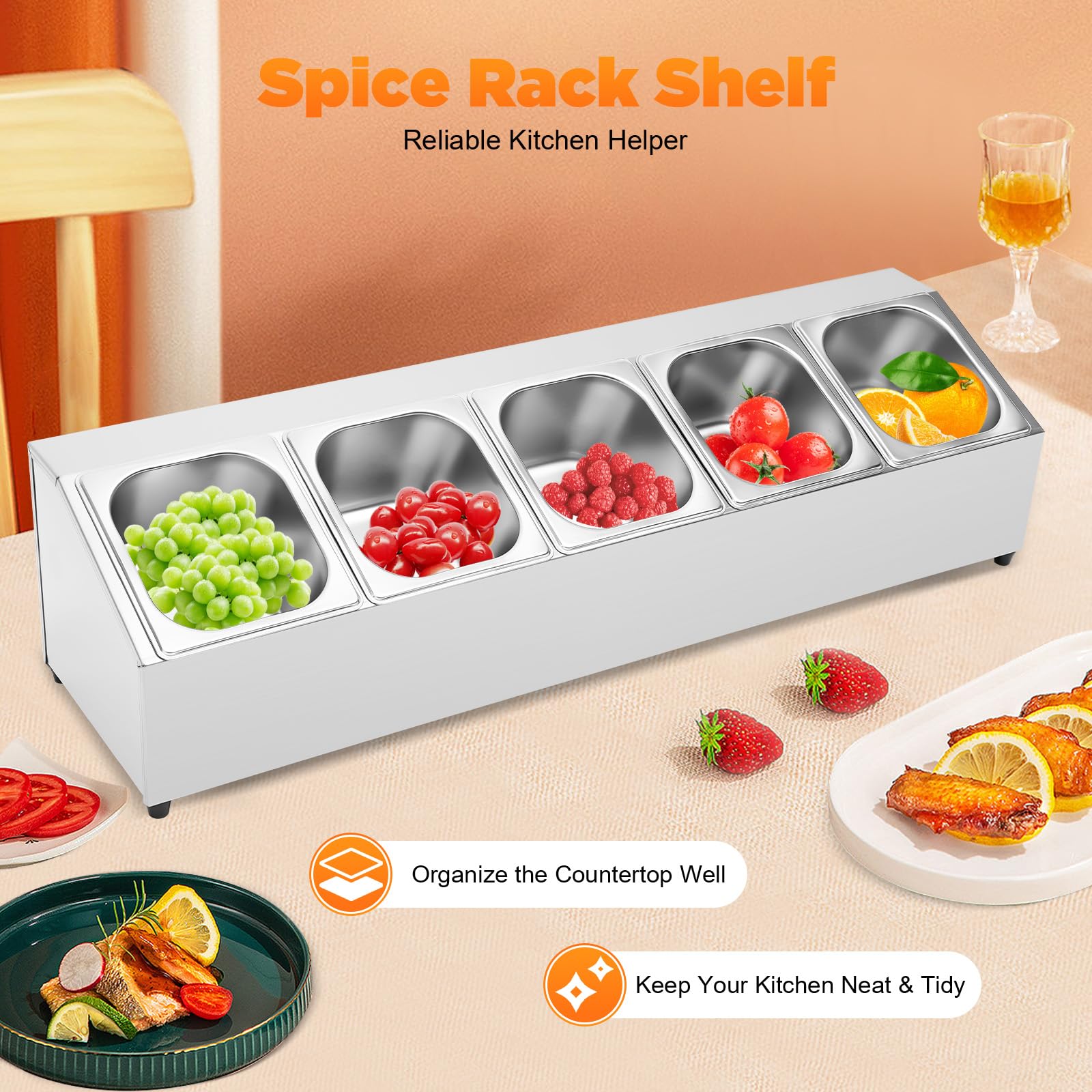 Stainless Steel Spice Rack Shelf - 5 Tier Inclined Organizer with Lids for Spices, Jams & Condiments (33.9x8.9x8.7in) - Perfect for Home Kitchens, Restaurants & Countertop Prep Stations