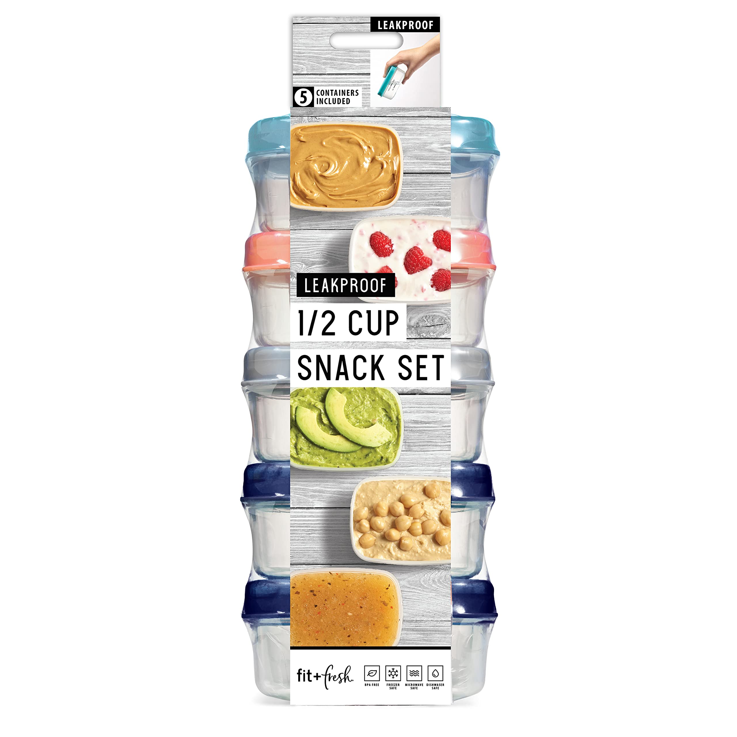 Fit & Fresh 4 oz Small Plastic Containers with Lids - 5 Pack Reusable Leakproof Snack Containers for Adults & Kids - Perfect for Salads, Dressings, Condiments & On-the-Go Meals