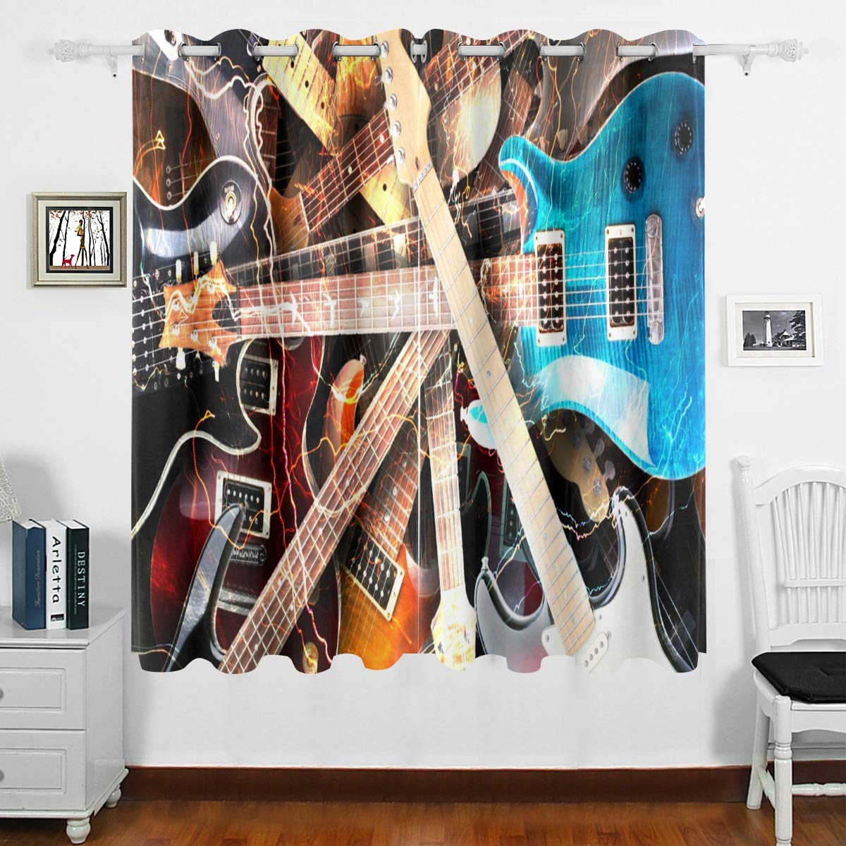 DOMIKING Blackout Thermal Insulated Window Curtain Panels - Electric Guitar with Lightning Design, Grommet Top Drapes for Living Room & Bedroom (63x55 Inches) | Perfect for Noise Reduction, Light Blocking & Home Decor