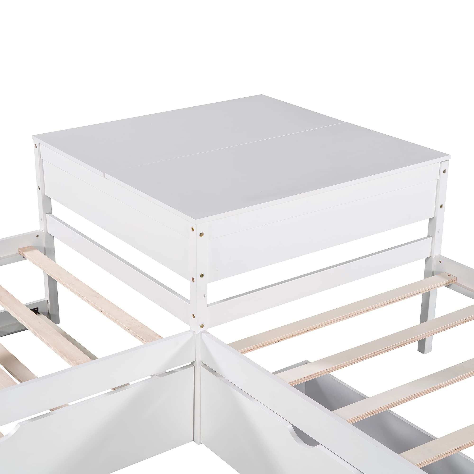 L-Shaped Wooden Twin Bed Frame with Desk & Storage Drawers - 3-in-1 Convertible Platform Bed with Trundle for Kids - Space-Saving Study & Sleep Solution for Small Bedrooms - White