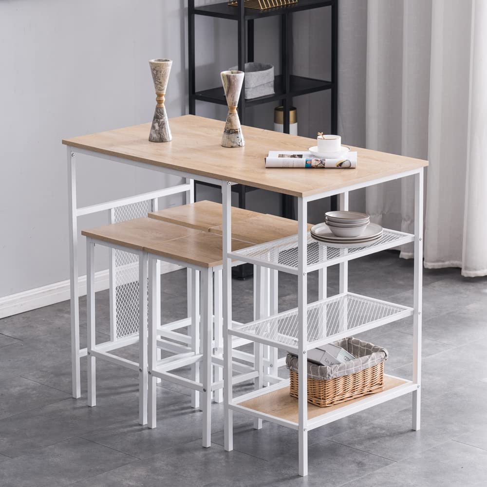 5-Piece Dining Table Set for 4 with Storage - 1 Kitchen Table & 4 Backless Bar Stools - 3-Tier Shelves, Brown & White - Perfect for Small Spaces, Breakfast Nooks & Compact Dining Areas
