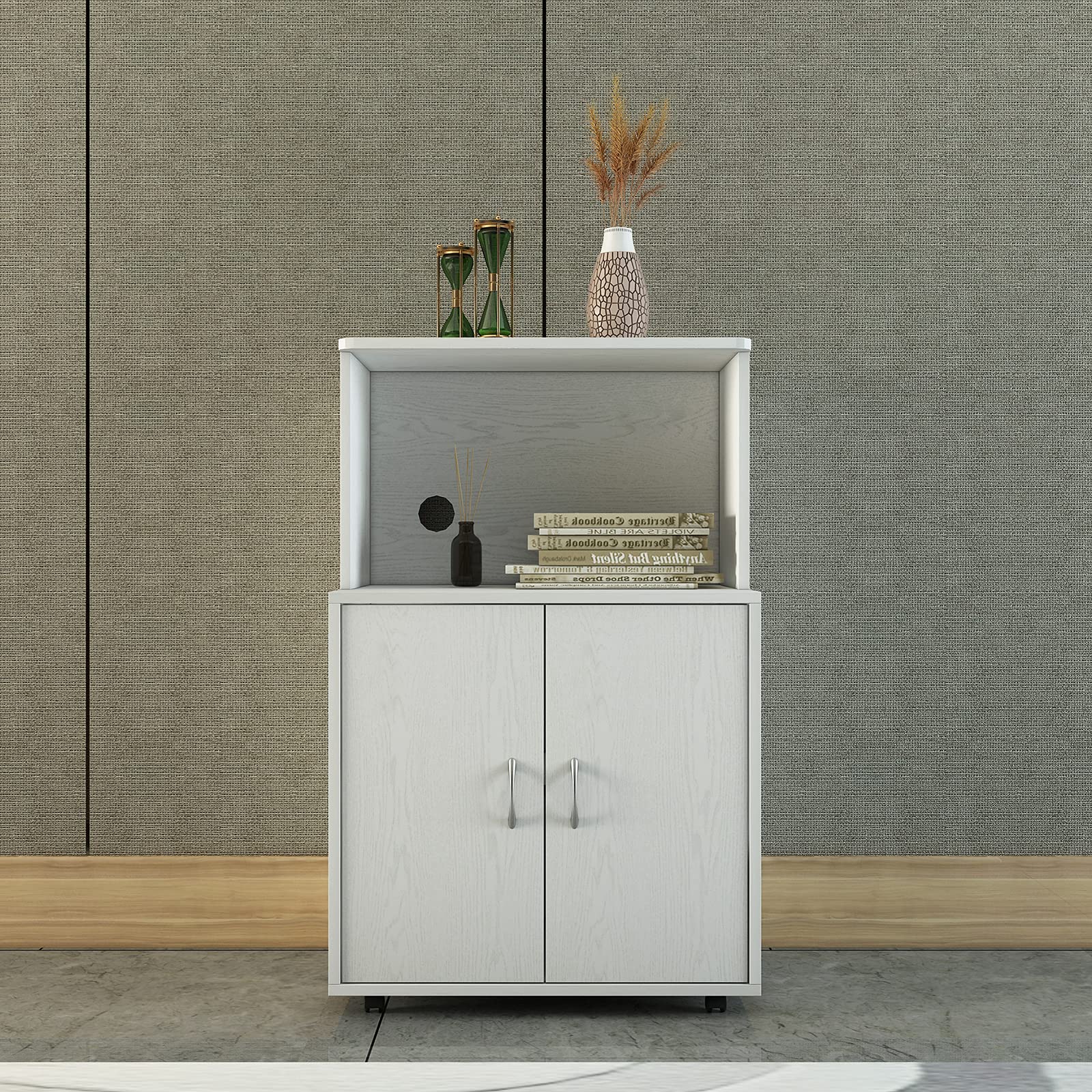 Freestanding Kitchen Buffet Hutch Cupboard with Wheels - 2 Doors & 1 Open Shelf - Perfect for Dining Room Storage & Small Space Organization