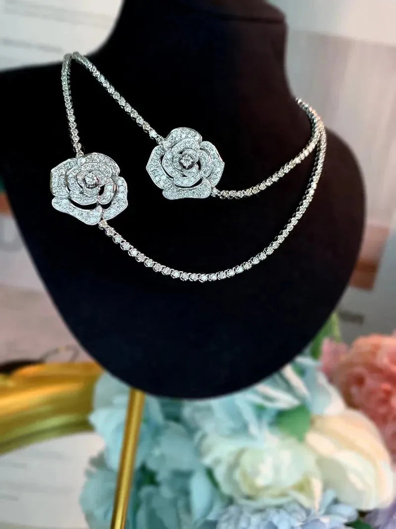 18K White Gold Diamond Pendant Necklace for Women - 3.5 Carat Natural Diamond Rose Design Wedding Jewelry, Elegant Bridal Gift & Anniversary Present