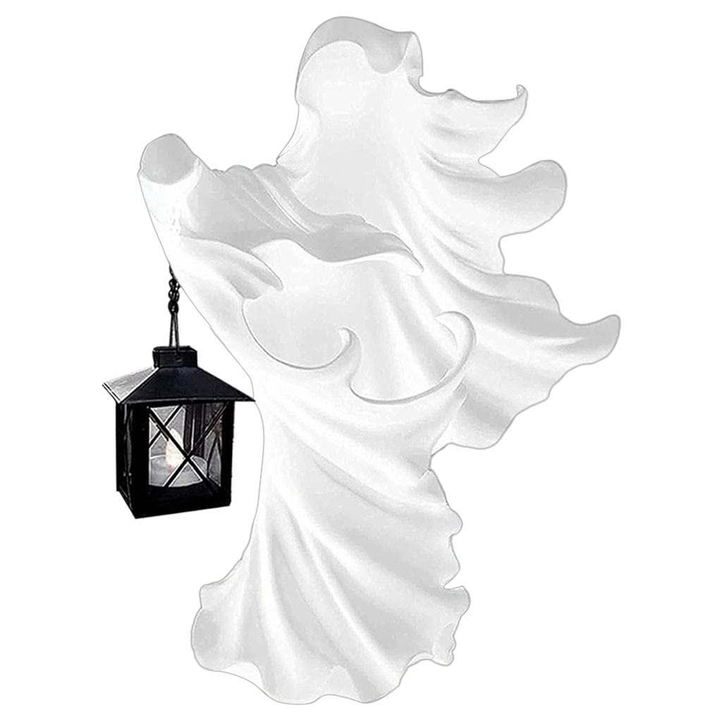 FAKEME Resin Faceless Ghost Solar Lantern Statue - Halloween Horror Decor, Outdoor Solar Light Sculpture for Garden, Patio & Party Decorations - White Ghost Figurine for Spooky Home & Carnival Themes