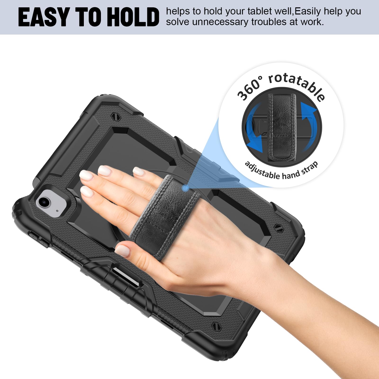 Premium iPad Air 5/4 (10.9'' 2022/2020) & iPad Pro 11 (2021/2020/2018) Protective Case - Shockproof Full-Body Cover with 9H Tempered Glass Screen Protector, 360° Rotatable Kickstand & Hand Strap | Perfect for Kids, Travel, Work & Home Use (Black)