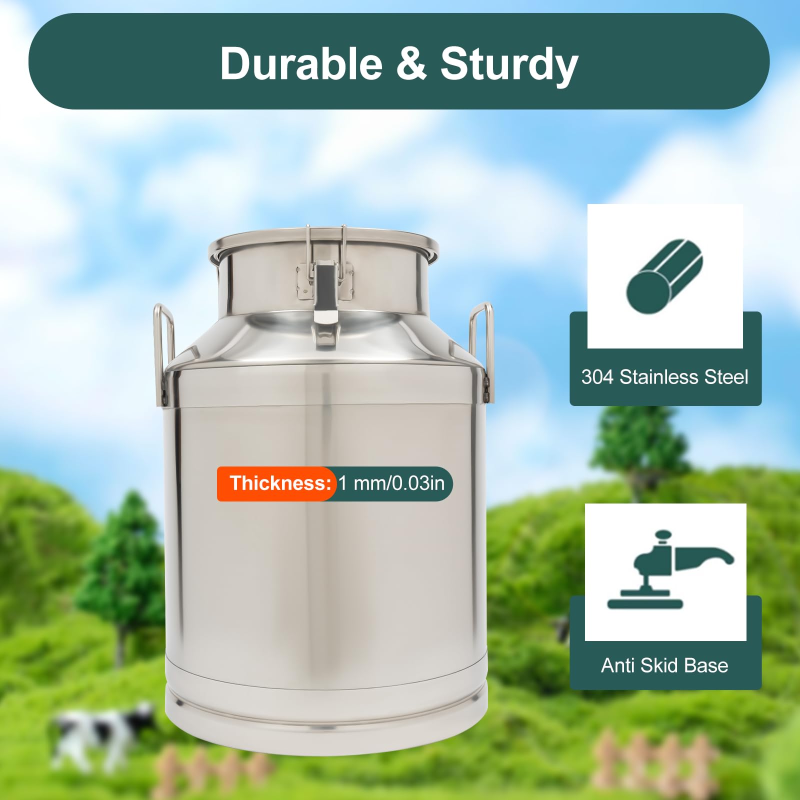 50L (13.25 Gal) Heavy Duty 304 Stainless Steel Milk Can with Sealed Lid - Large Food Grade Storage Container for Milk, Wine, Grains & Cereals - Perfect for Kitchen, Farm, Dairy & Brewing Use