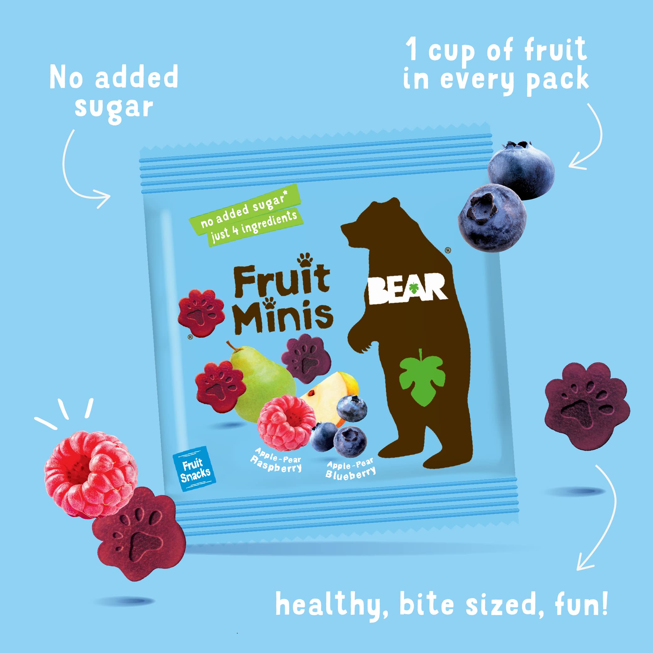 BEAR Real Fruit Snack Minis - Raspberry & Blueberry, No Added Sugar, All Natural, Non-GMO, Gluten Free, Vegan, 0.7oz (18 Pack) | Healthy Bite-Sized Snacks for Kids, Lunch Box, On-The-Go & School Snacks