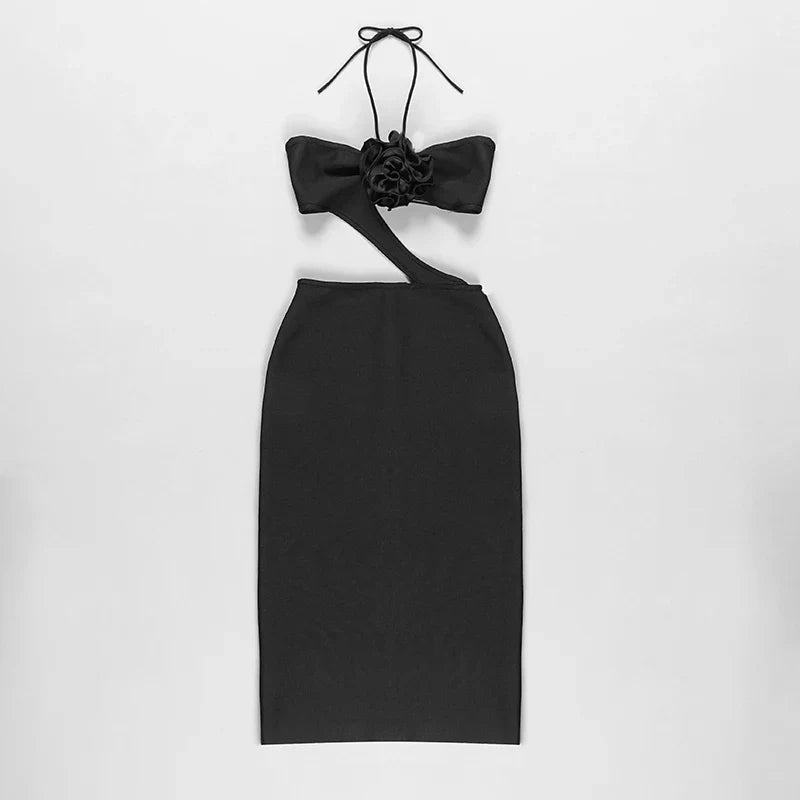 Black Women's Sexy Halter Bodycon Midi Dress - Rayon Bandage Fashion Runway Party Dress for Nightclub, Evening Out, Date Night & Special Occasions