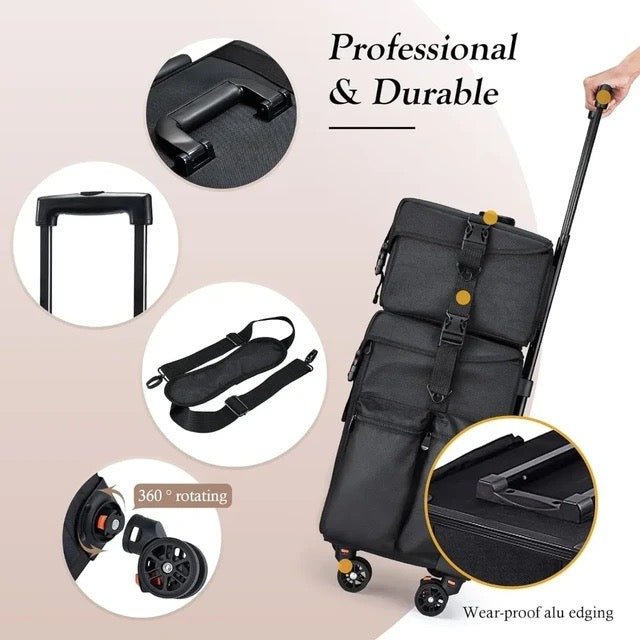 4 Lockable 360° Swivel Rolling Casters Professional Makeup Train Case - Beauty Trolley for Hairstylists, Nail Technicians & Cosmetologists | Perfect for Salon, Mobile Beauty Services & Travel Organization