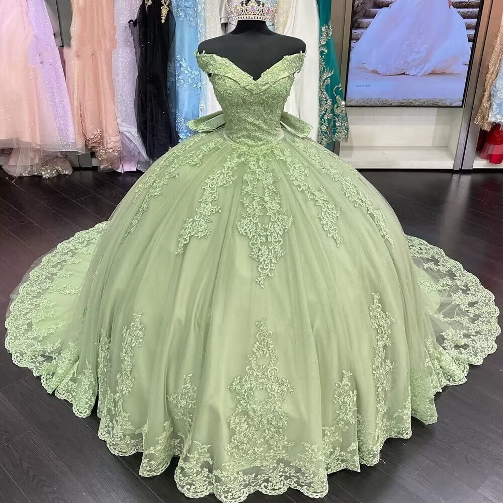Elegant 2025 Sage Green Quinceañera Dress with Lace Applique - Off Shoulder Sweet 16 Ball Gown for Quince Celebration, Prom, or Formal Events