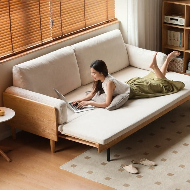 Oak Solid Wood Sofa Bed with Folding White Goose Feather Cushions - Convertible Sleeper for Small Spaces & Guest Rooms