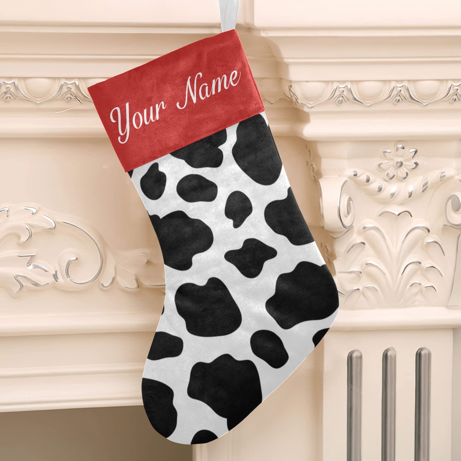 Personalized Cow Print Christmas Stockings - Black & White Custom Name Holiday Stocking Socks for Family, Party & Home Decor (17.52 x 7.87 Inch) - Perfect for Fireplace Mantel, Gift Exchange & Festive Holiday Celebrations