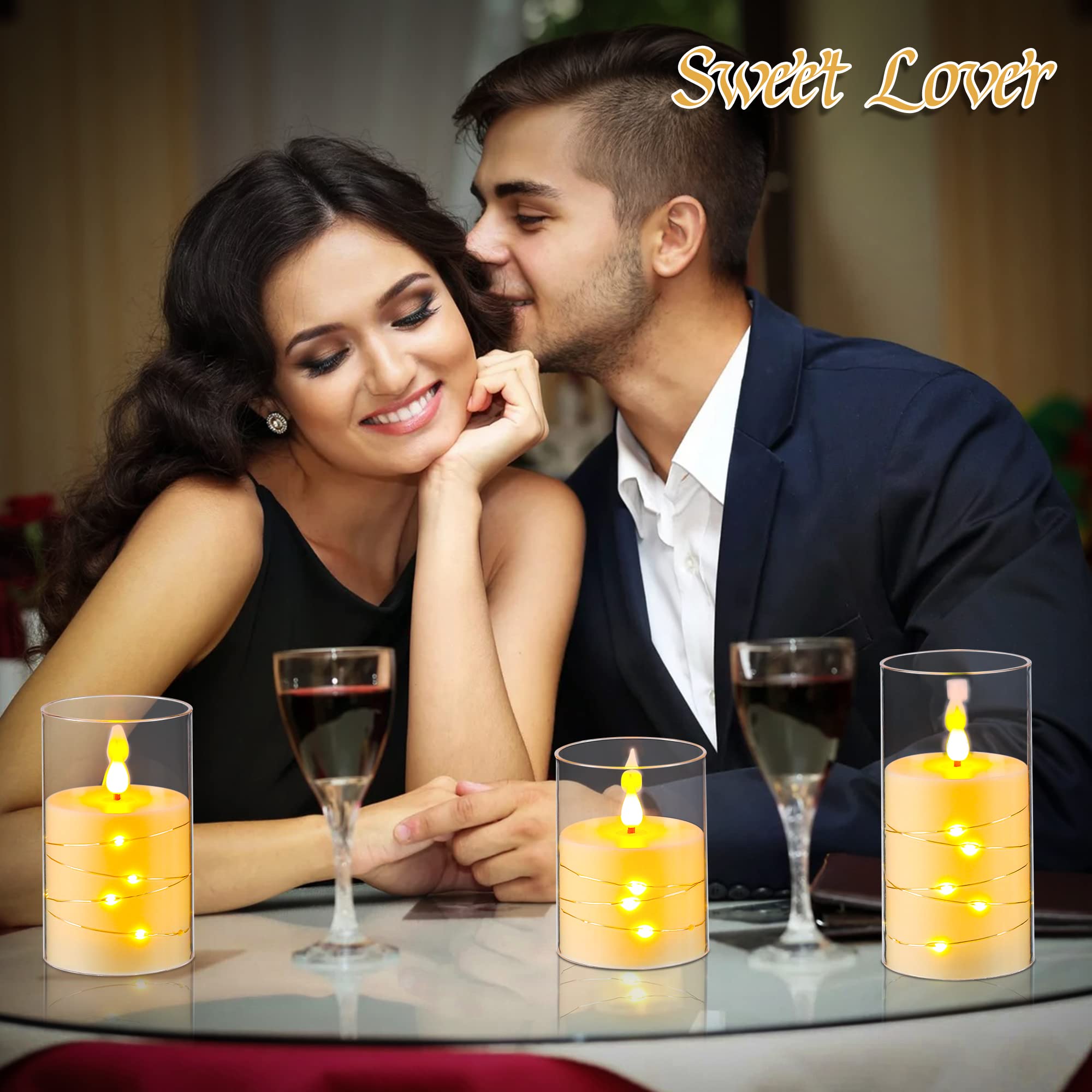 Flickering Flameless LED Candles with Star String Lights - Battery Operated, Remote & Timer - Set of 3 Ivory White Acrylic Pillar Candles for Home Decor, Wedding, Party & Holiday Ambiance
