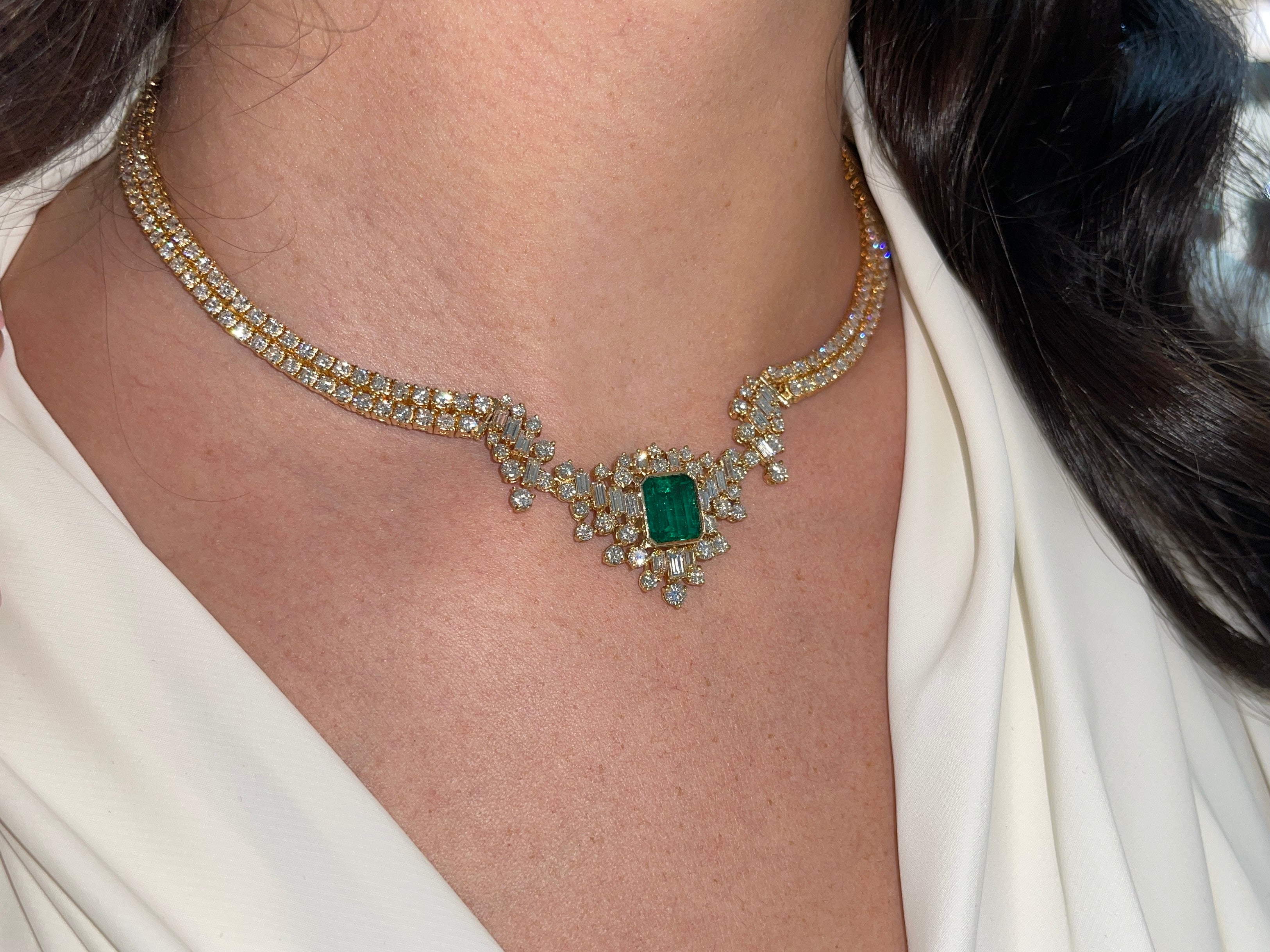 23.06tcw AAA+ Investment Grade Emerald & Diamond Statement Necklace in 18K Gold - Luxury Jewelry for Weddings, Galas & Special Occasions