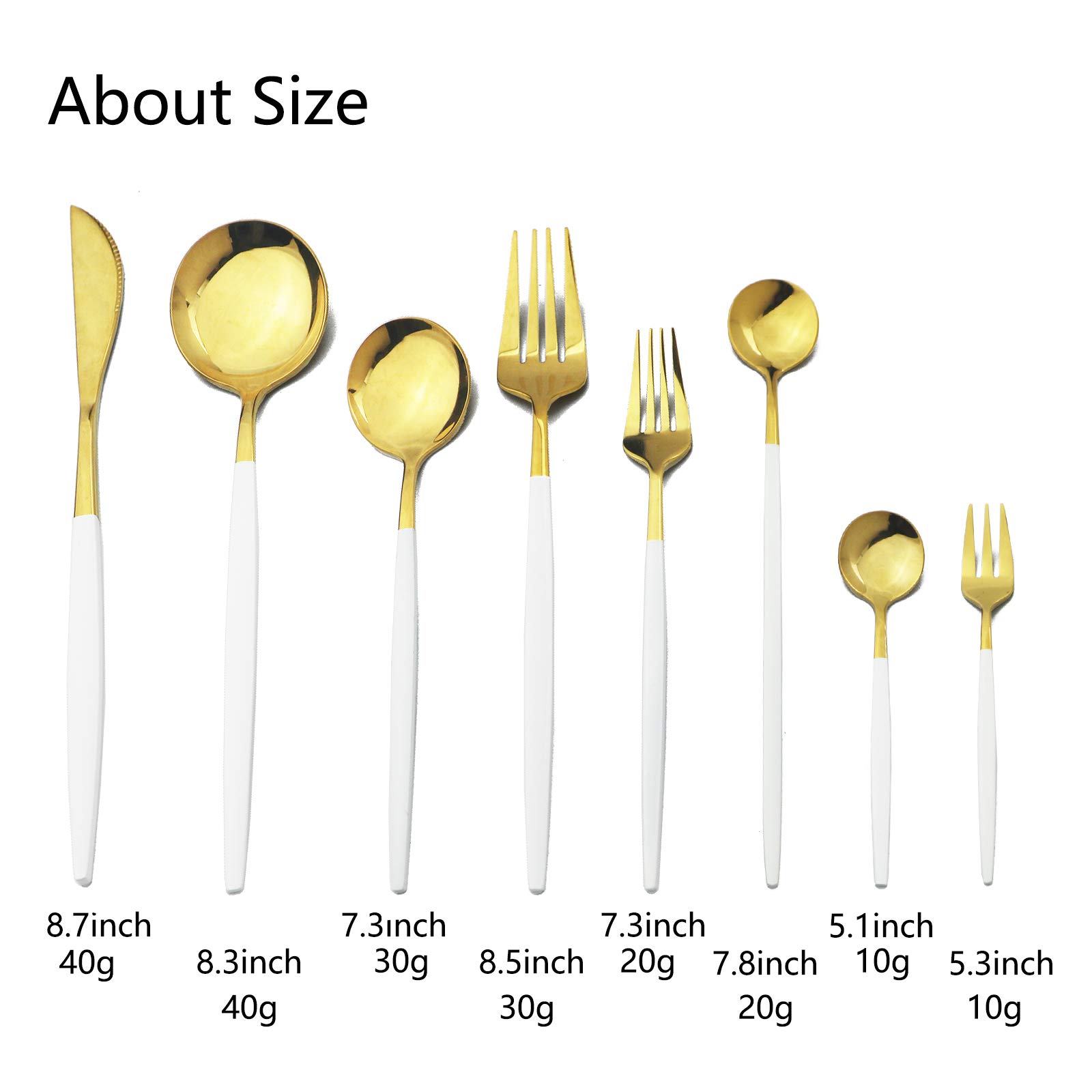JASHII 32-Piece Stainless Steel Silverware Set - 4 Place Settings with Cake Forks & Long Handle Spoons - Elegant White & Gold Flatware Cutlery Set - Dishwasher Safe Tableware for Dining, Parties & Special Occasions