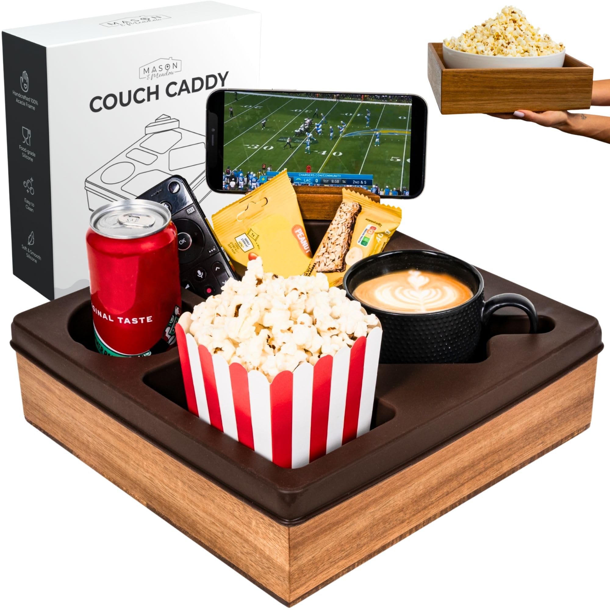 Silicone Couch Caddy with Cup Holder & Phone Stand - Waterproof Sofa Tray for Snacks & Drinks - Perfect for Living Room & Bedroom Use