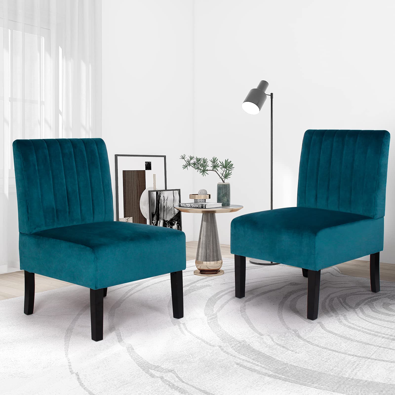 Modern Velvet Armless Accent Chair Set of 2 - Blue Slipper Chairs for Bedroom, Vanity, Living Room & Office - Decorative Side Chairs for Small Spaces & Cozy Corners