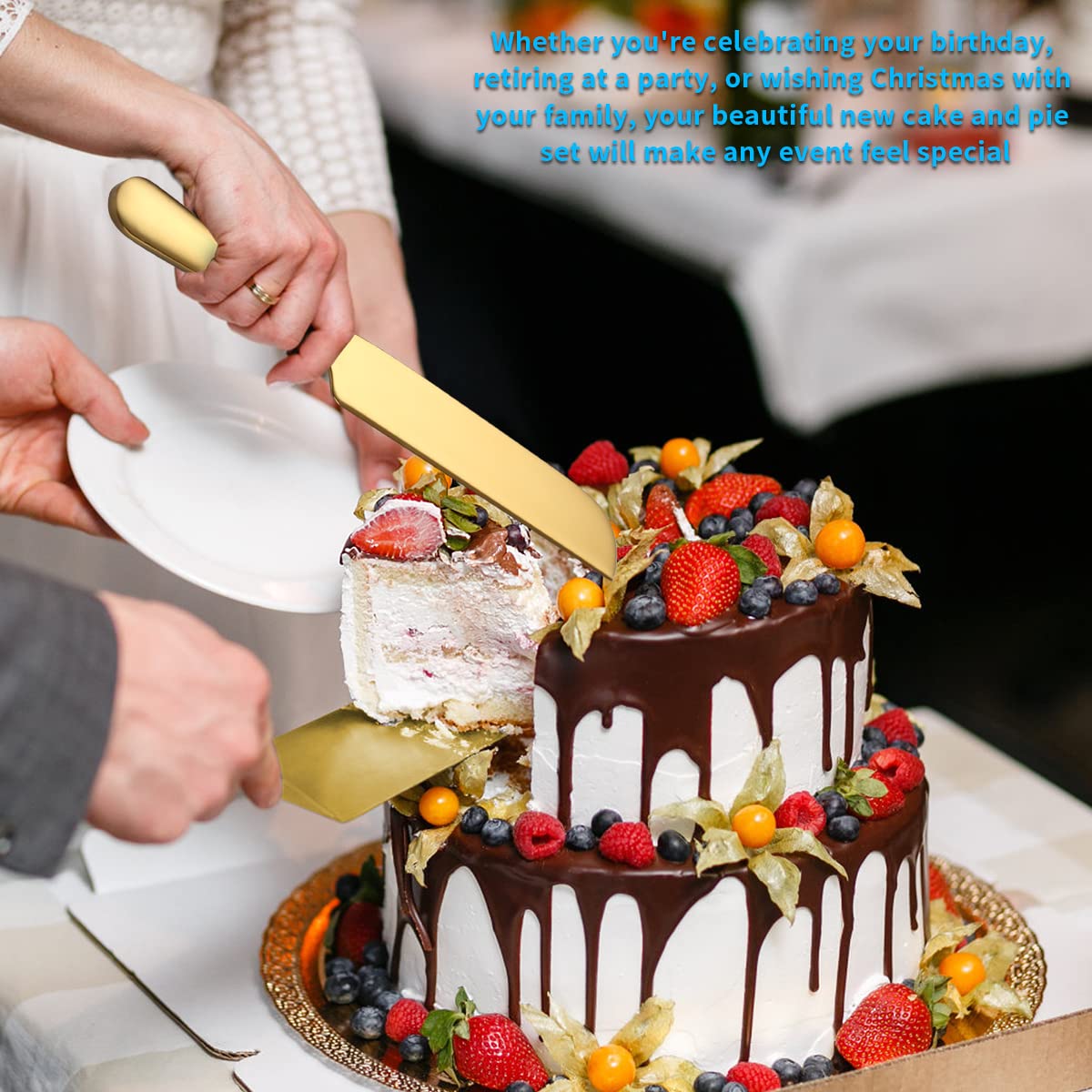Kyraton Gold Wedding Cake Knife and Server Set - 24K Gold Titanium Plated Stainless Steel Cake Cutting Set with Knife & Server - Perfect for Weddings, Anniversaries, Birthdays & Special Celebrations