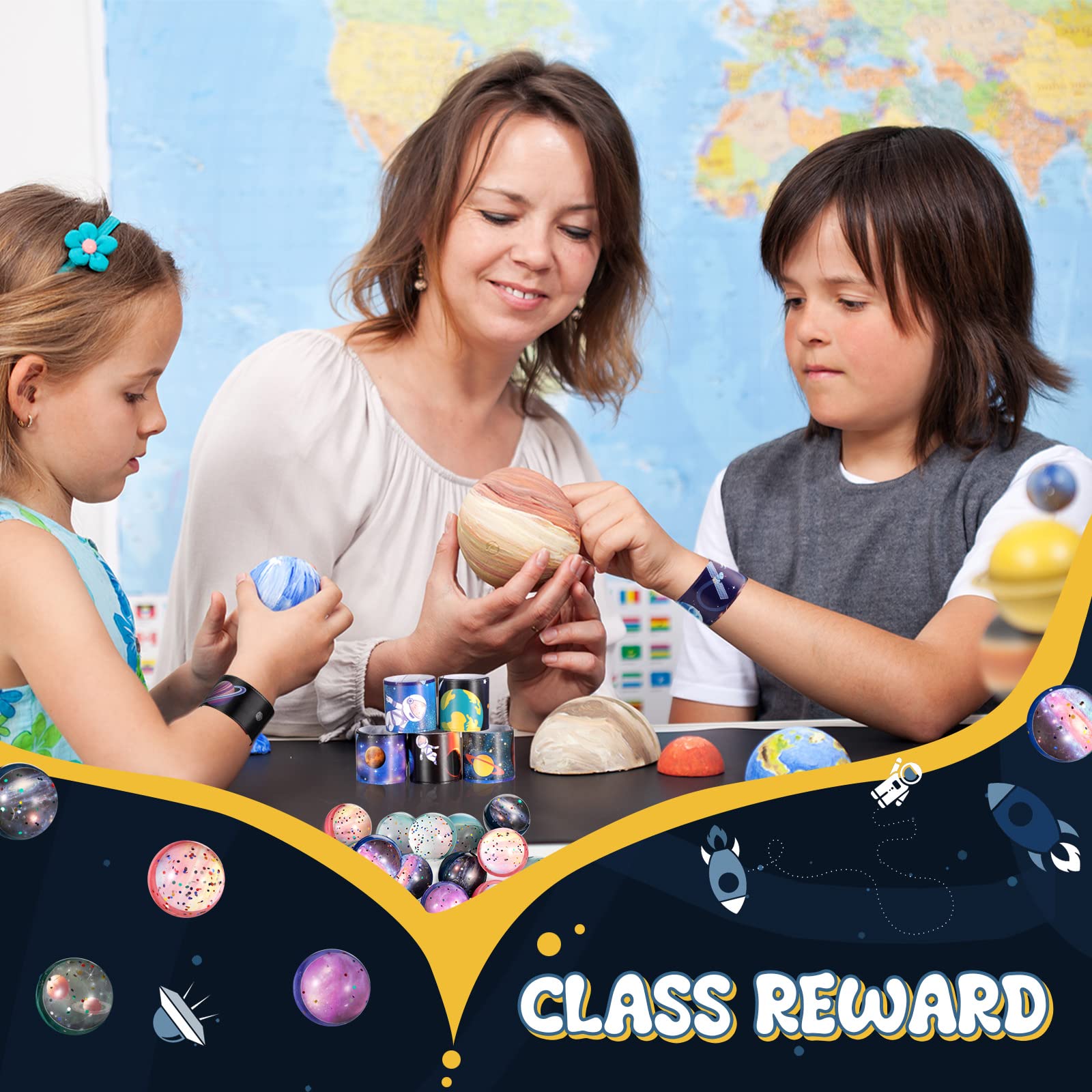 32-Piece Space Party Favors Set - 16 Galaxy Slap Bracelets & 16 Rubber Bouncy Balls for Outer Space Birthday, Classroom Rewards, Goodie Bag Fillers & Kids' Party Supplies