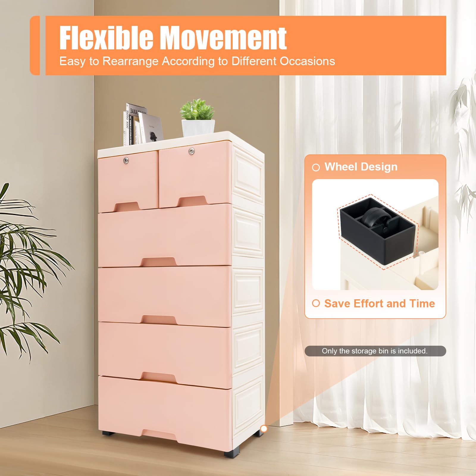 6-Drawer Rolling Dresser with Lock - Plastic Storage Cabinet for Clothes, Modern Bedroom & Closet Organizer, Pink Fabric Dresser for Bedroom, Office, Nursery & Dorm Organization - Space-Saving Storage Solution