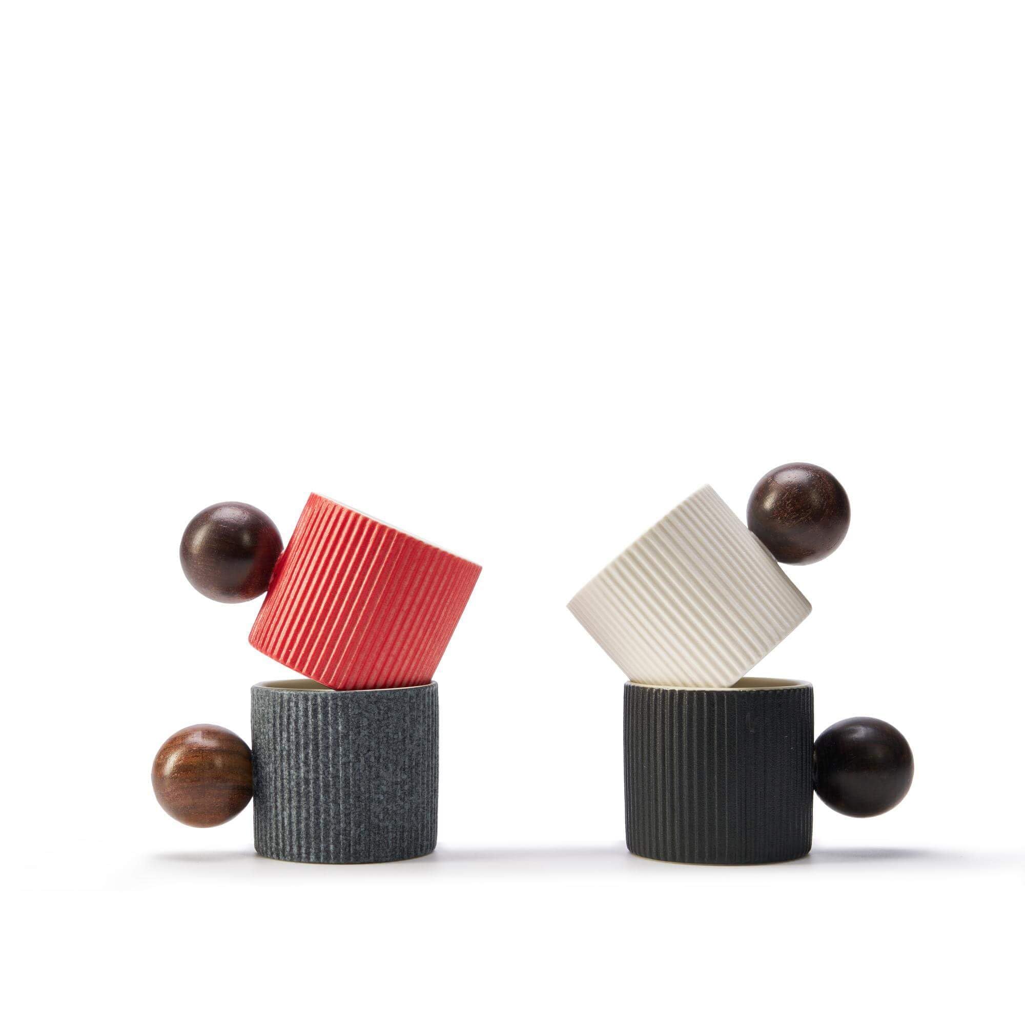 Premium Ceramic Mini Espresso Cups Set - 4pcs Demitasse Cups with Wooden Handles & Vertical Stripes (Black/White) - Perfect for Coffee, Tea, Dessert & Home Decor